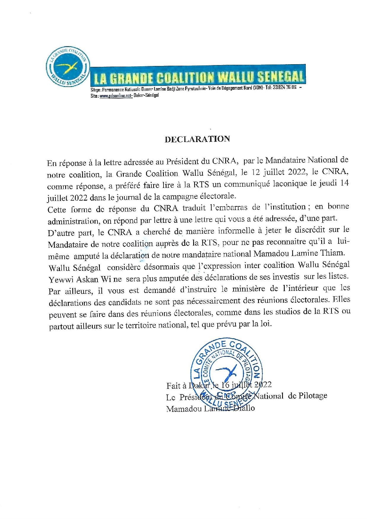 La déclaration de leur représentant entrecoupée par la RTS : Wallu Sénégal choquée par la réponse indirecte du CNRA