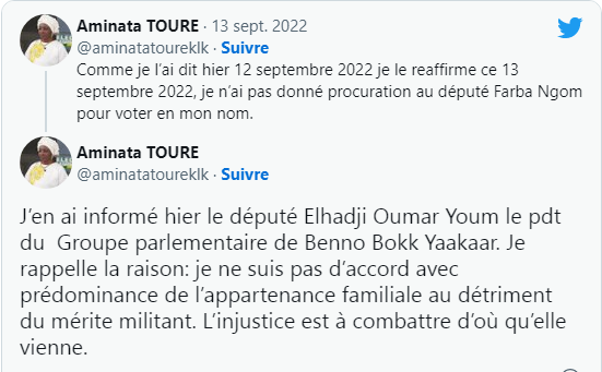 Aminata Touré: «Je n’ai pas donné de procuration à Farba Ngom pour voter à ma place hier, comme aujourd’hui »