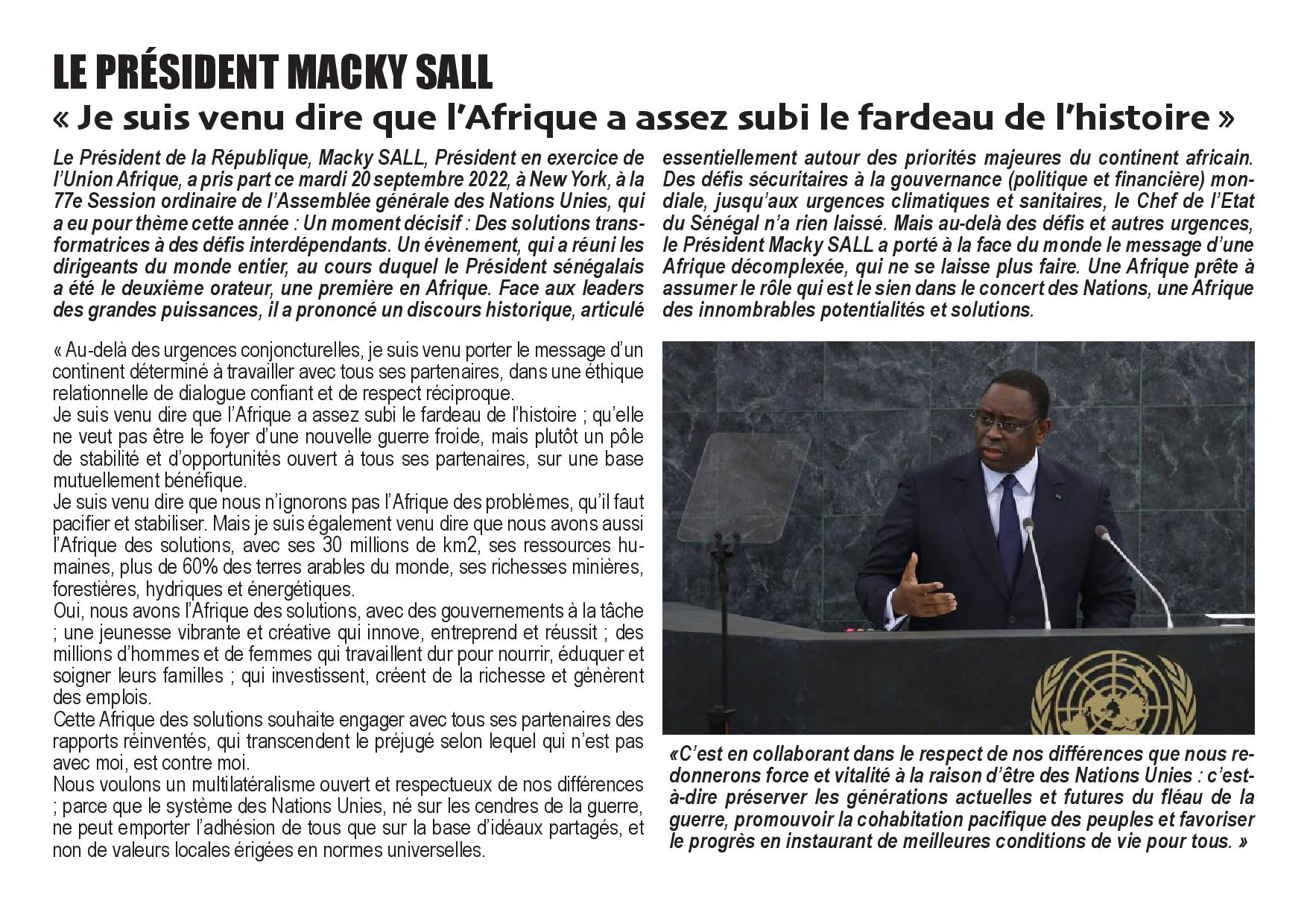 77ème AG des Nations Unies : Le plaidoyer continental du Président Macky Sall