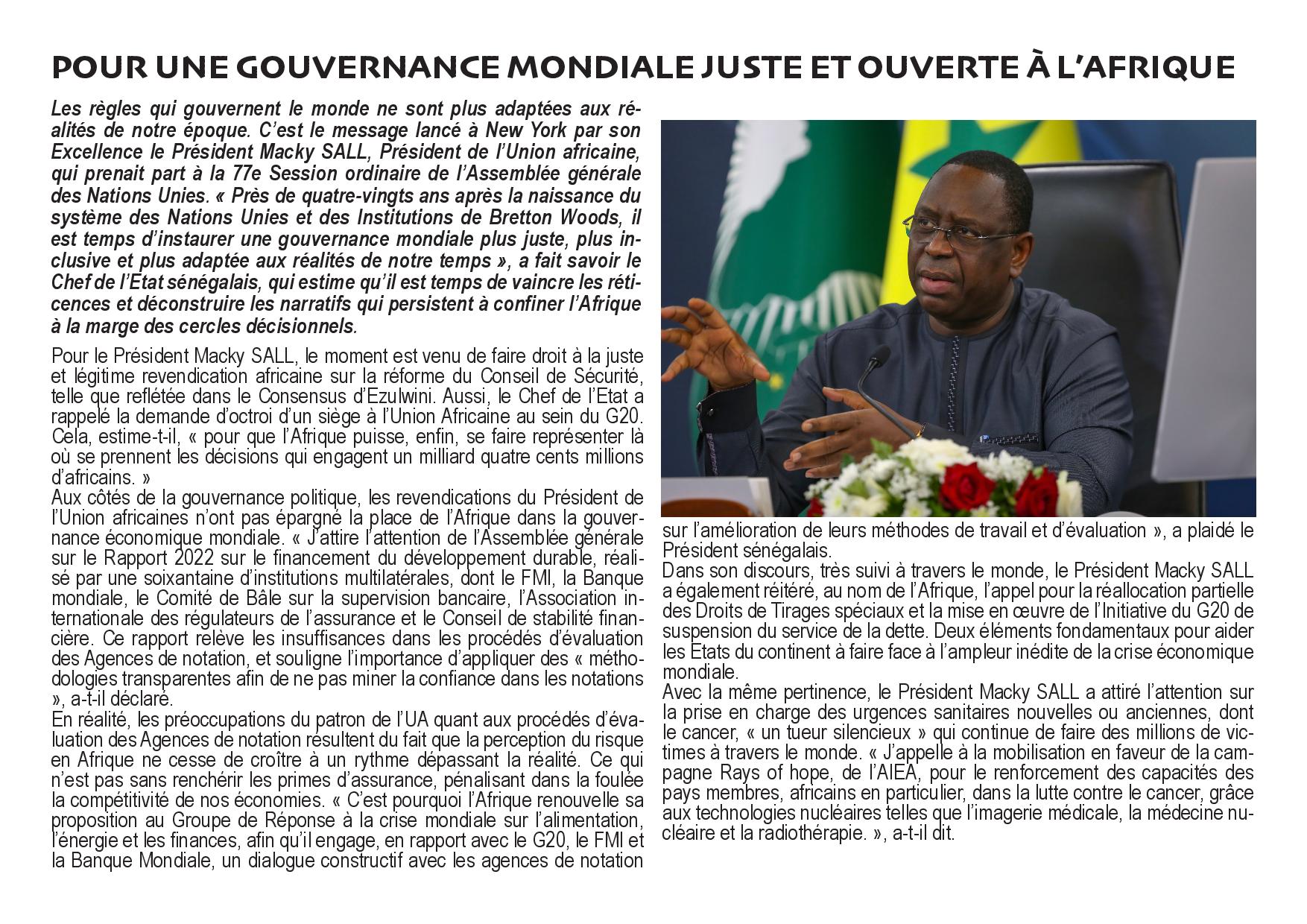 77ème AG des Nations Unies : Le plaidoyer continental du Président Macky Sall