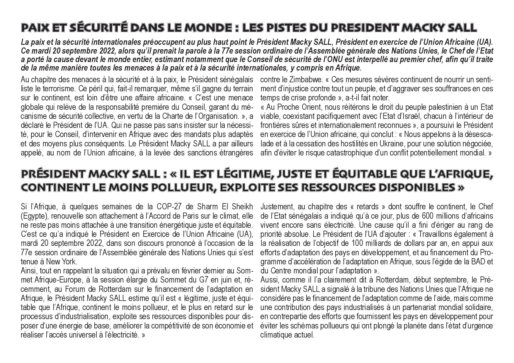 77ème AG des Nations Unies : Le plaidoyer continental du Président Macky Sall