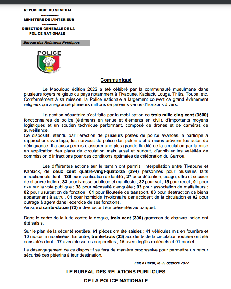 Gamou / Bilan sécuritaire: La police arrête 294 individus, dont 72 présentés au parquet, 300 g de yamba saisis (Document)