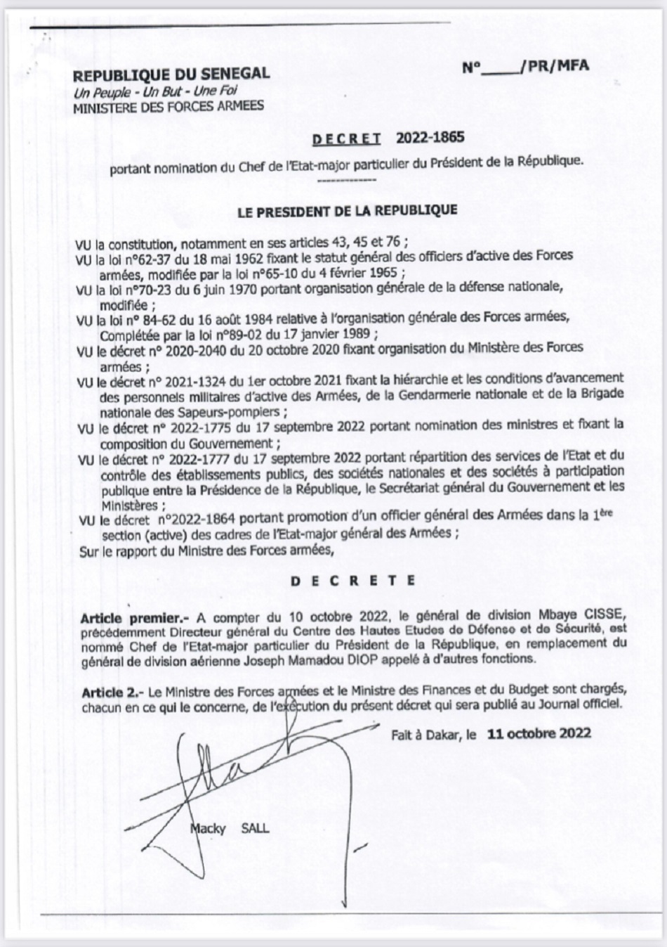 Armée Sénégalaise-Nouvelles nominations : le Général Mbaye Cissé devient le  chef d’état-major particulier du président Macky Sall