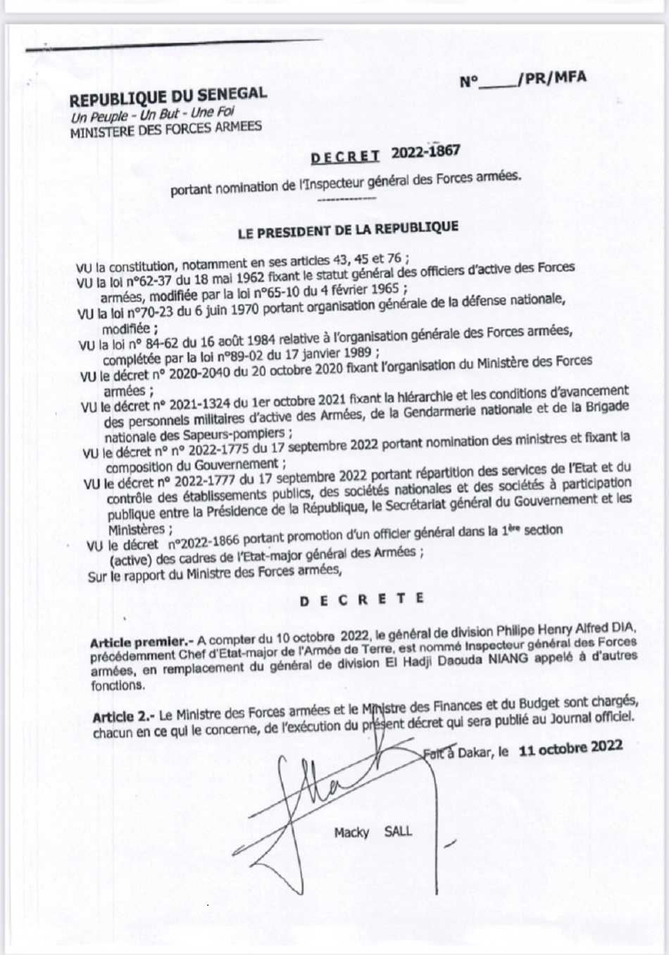 Armée Sénégalaise-Nouvelles nominations : Promu général de division, Philipe Henry Alfred Dia, devient inspecteur général des forces armées