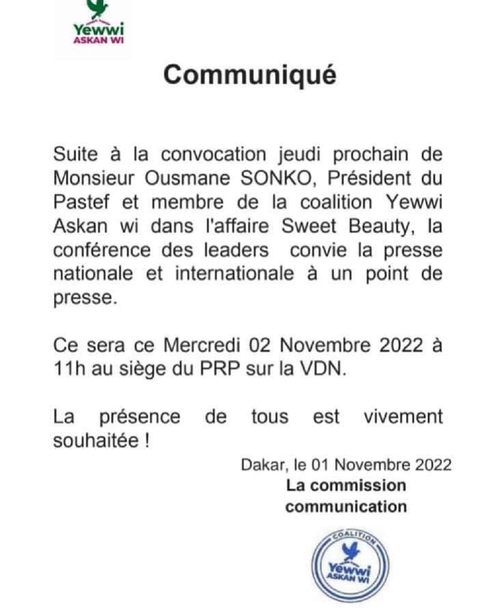 Affaire Sweet Beauté : Ousmane Sonko convoqué ce jeudi 3 novembre, la Conférence des leaders de YAW tient un  point de presse demain