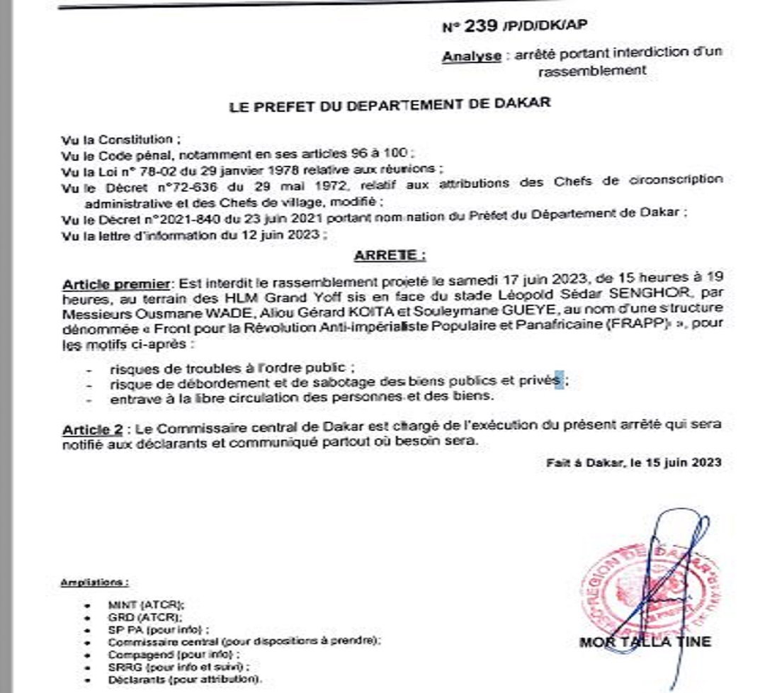 Rassemblement du Frapp prévu demain : Le préfet de Dakar dit non et explique pourquoi !