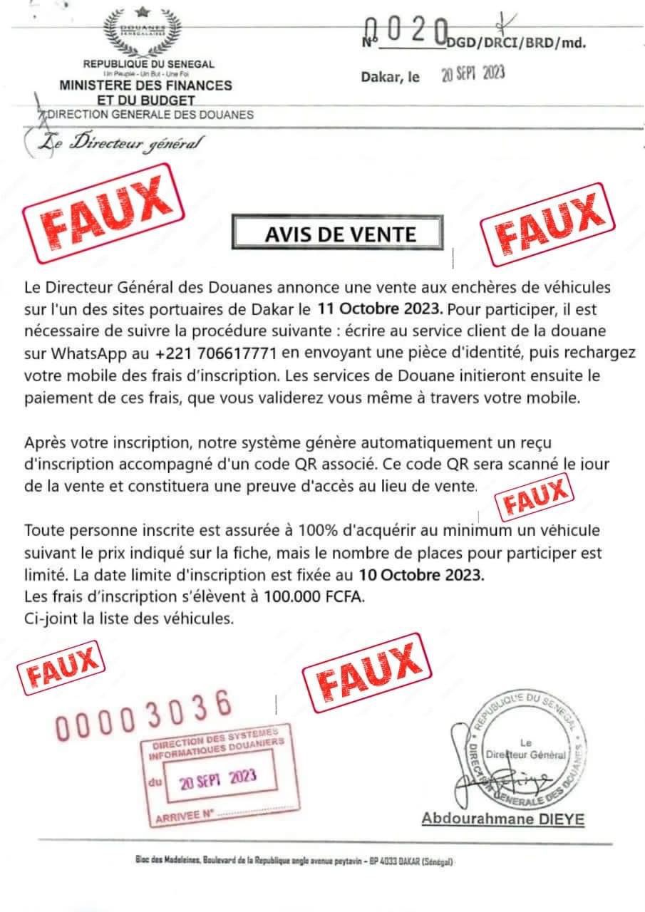 Alerte à l'arnaque : La Douane sénégalaise encore ciblée par « vendeurs » de véhicules saisis