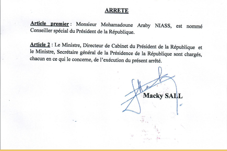 Décret de nomination : Mohamadoune Araby Niass nommé Conseil spécial du président de la République