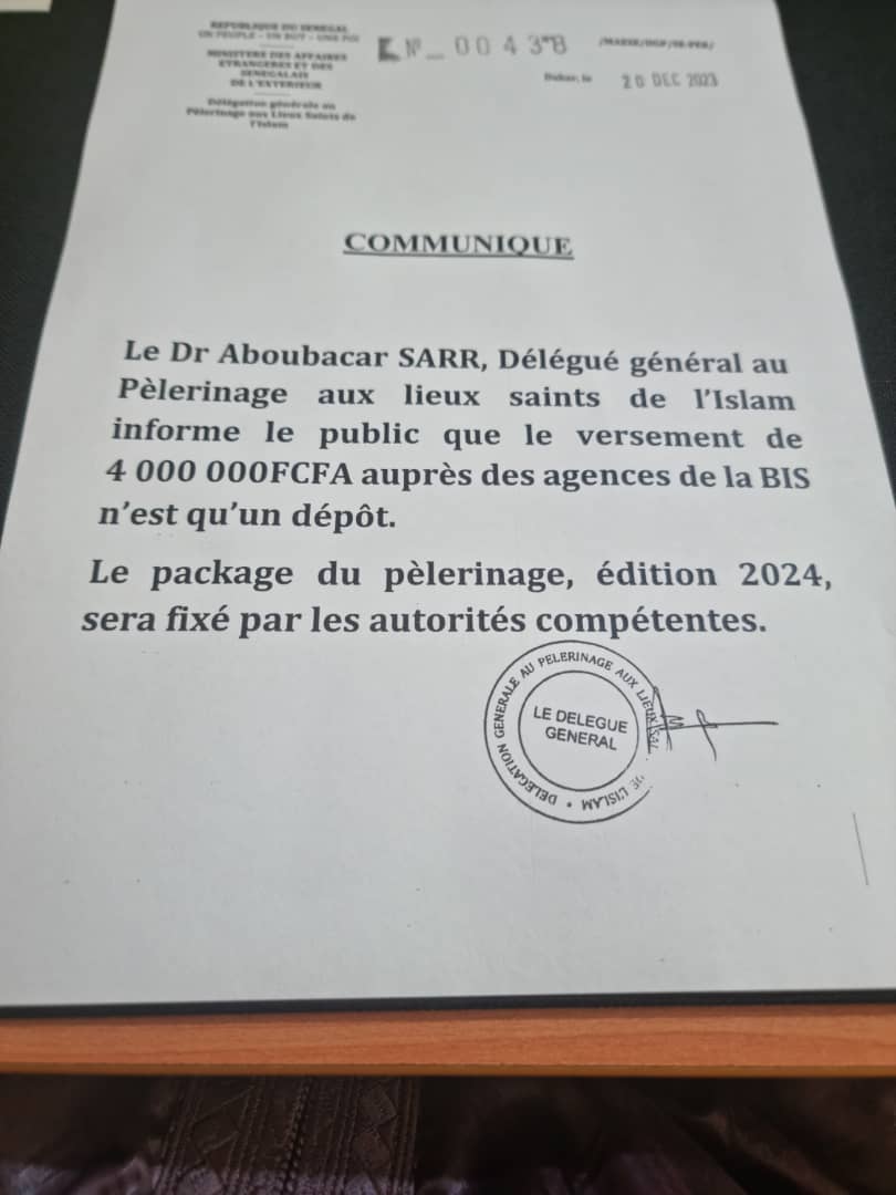 Dr. Aboubacar Sarr, Délégué général au Pélerinage: « Le versement de 4 millions FCfa auprès des Agences de la Bis, n’est qu’un dépôt... »