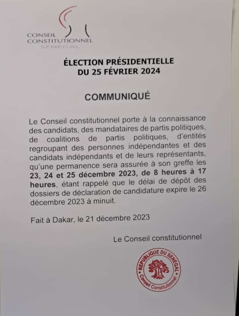 Clôture des dépôts de candidatures: Le Conseil constitutionnel organise des permanences les 23, 24 et 25 décembre