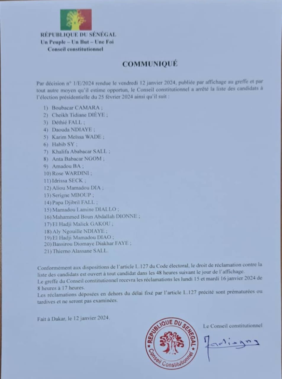 Publiée hier par le Conseil constitutionnel : la liste des candidats à l'élection présidentielle du 25 février 2024