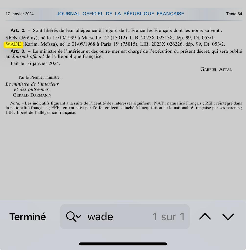 Présidentielle 2024: Décret du Ministre de l’Intérieur francais, actant la renonciation à la nationalité francaise de Karim Wade, publié au Journal officiel,  ce mercredi