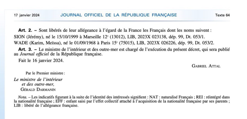 Présidentielle 2024: Décret du Ministre de l’Intérieur francais, actant la renonciation à la nationalité francaise de Karim Wade, publié au Journal officiel,  ce mercredi