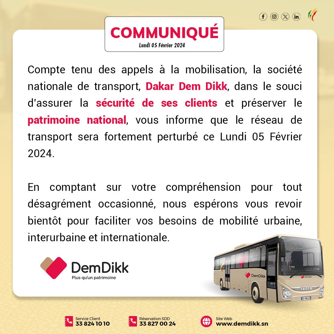 Dakar Dem Dikk annonce des perturbations sur son réseau de bus, ce lundi