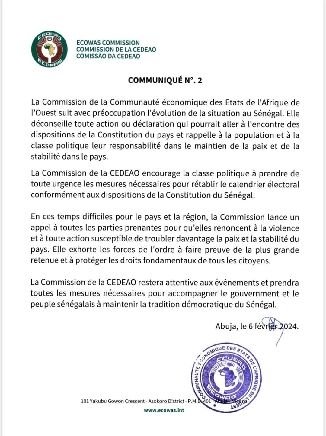 Sénégal: La CEDEAO demande à la classe politique de « rétablir le calendrier électoral