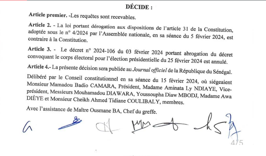 Report de l’élection présidentielle: Le Conseil constitutionnel annule le décret abrogeant la convocation du corps électoral 