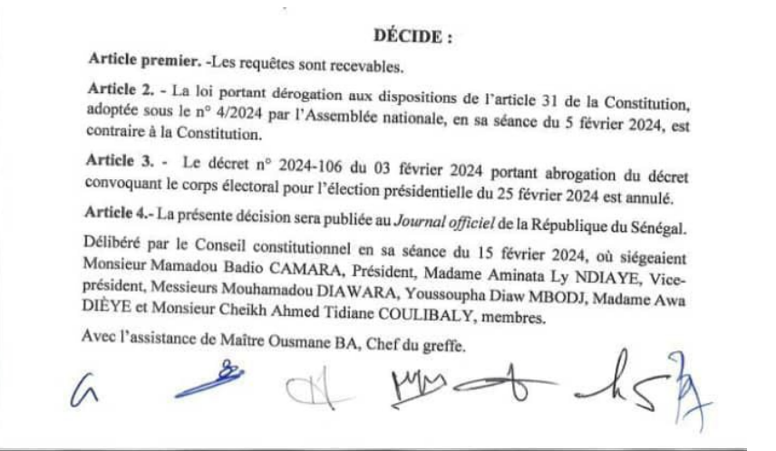 Report de l’élection présidentielle: Le Conseil constitutionnel annule le décret abrogeant la convocation du corps électoral 