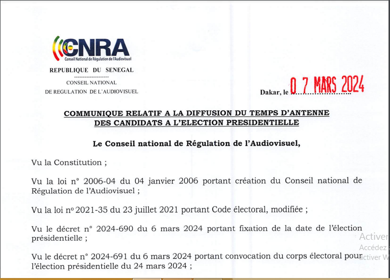 CNRA / Election présidentielle 2024: Communiqué relatif à la diffusion du temps d’antenne des candidats