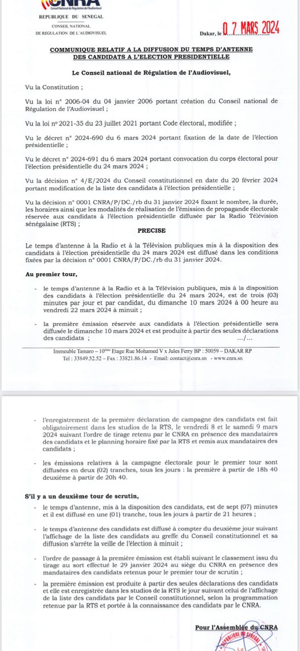 Temps d'antenne / Ordre de passage des candidats, nombre de minutes... : Le CNRA fixe les règles