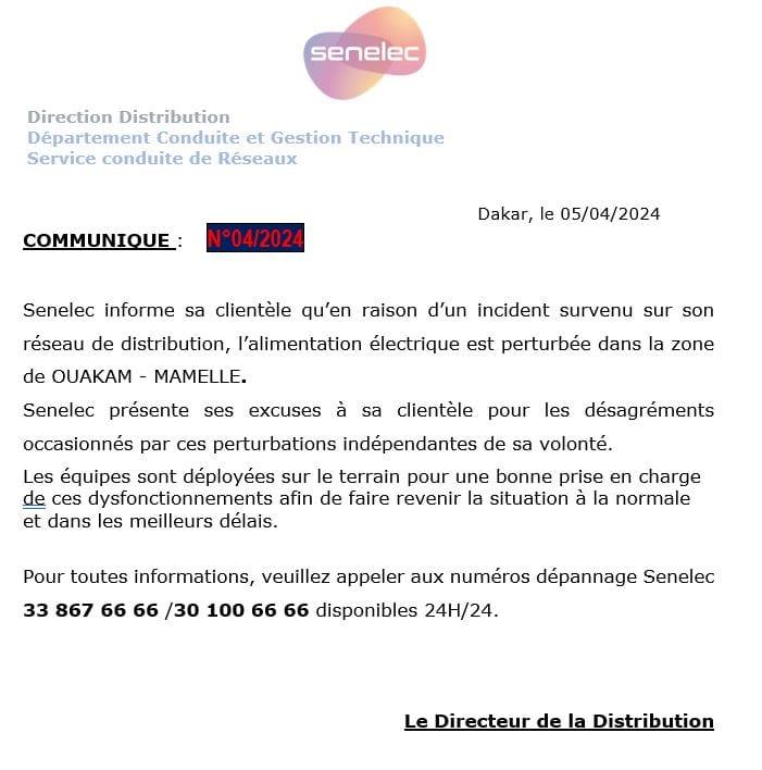 La Sénélec annonce des perturbations dans certaines zones de Dakar