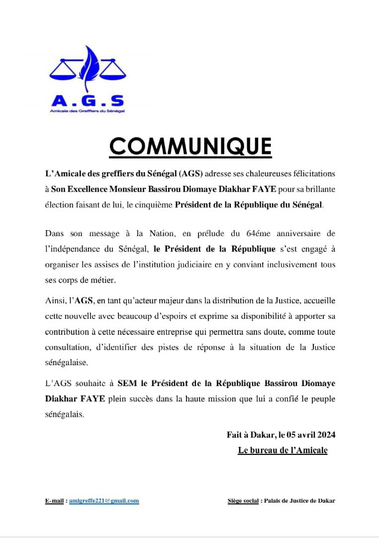 Organisation des Assises de l'institution judiciaire : L'Amicale des greffiers du Sénégal exprime sa disponibilité à apporter sa contribution 
