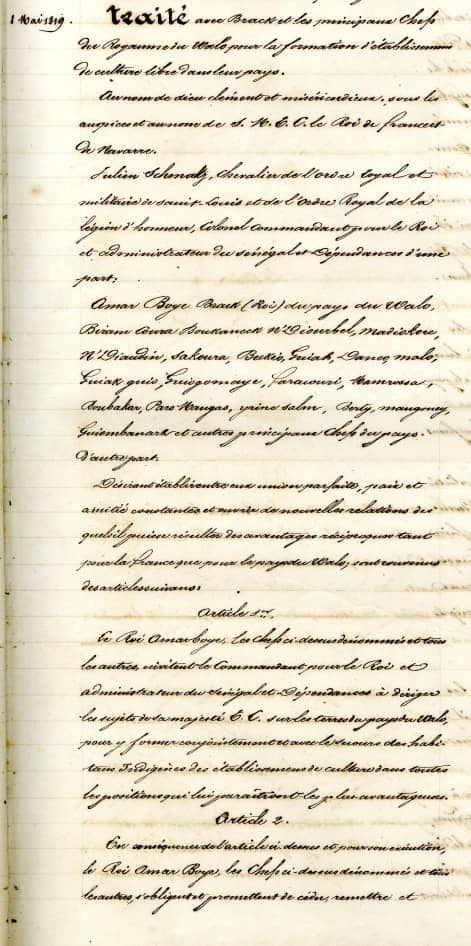 8 MAI 1819: Il y a  205 ans, la France et le royaume du Walo signaient le traité de Ndiao cédant des terres de culture pour la colonisation agricole