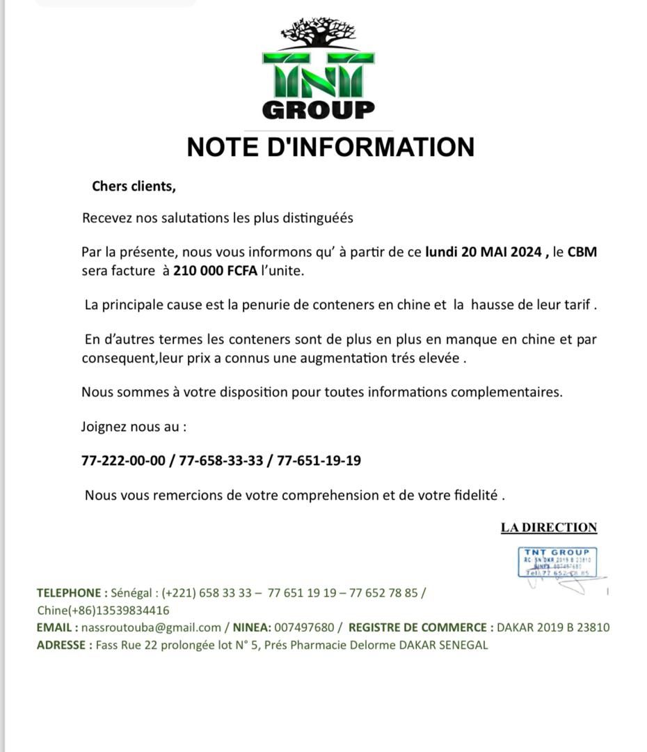 Communiqué du TNT Groupe :  le CBM  facturé à 210 000 FCFA l'unité à partir de ce lundi 20 Mai 2024