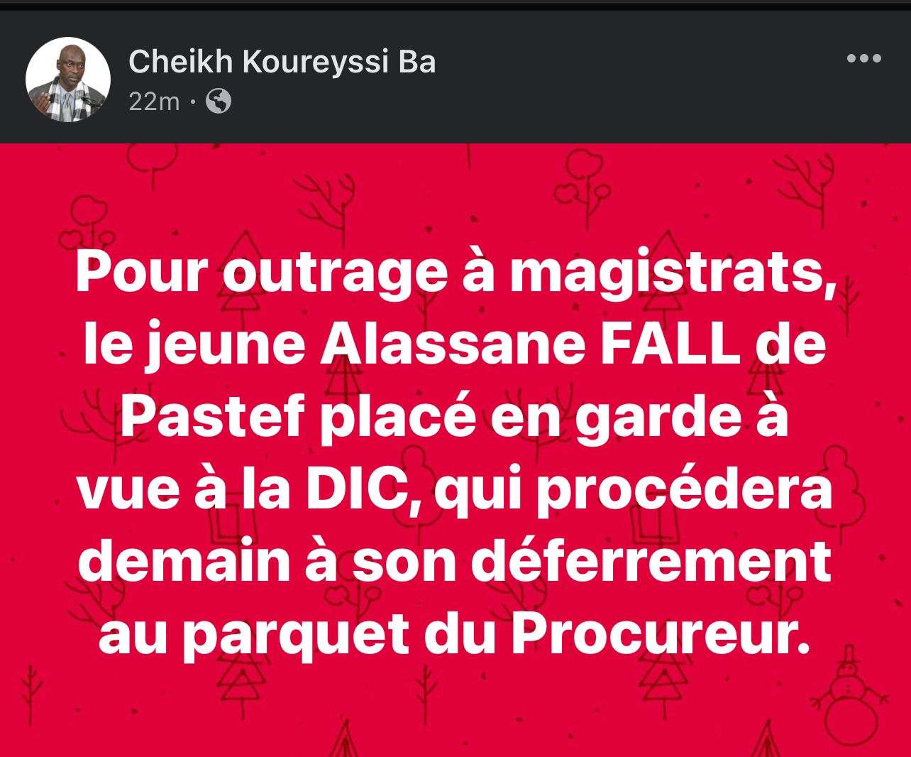 DIC: Le jeune Alassane Fall de Pastef, accusé d'outrage à magistrat, placé en garde-à-vue