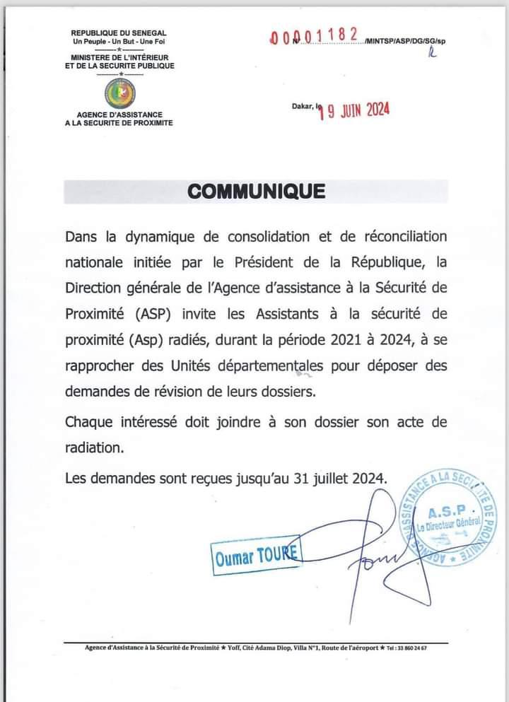 Agence de sécurité de proximité: Le Dg appelle les ASP radiés entre 2021 et 2024, à déposer des demandes de révision de leurs dossiers