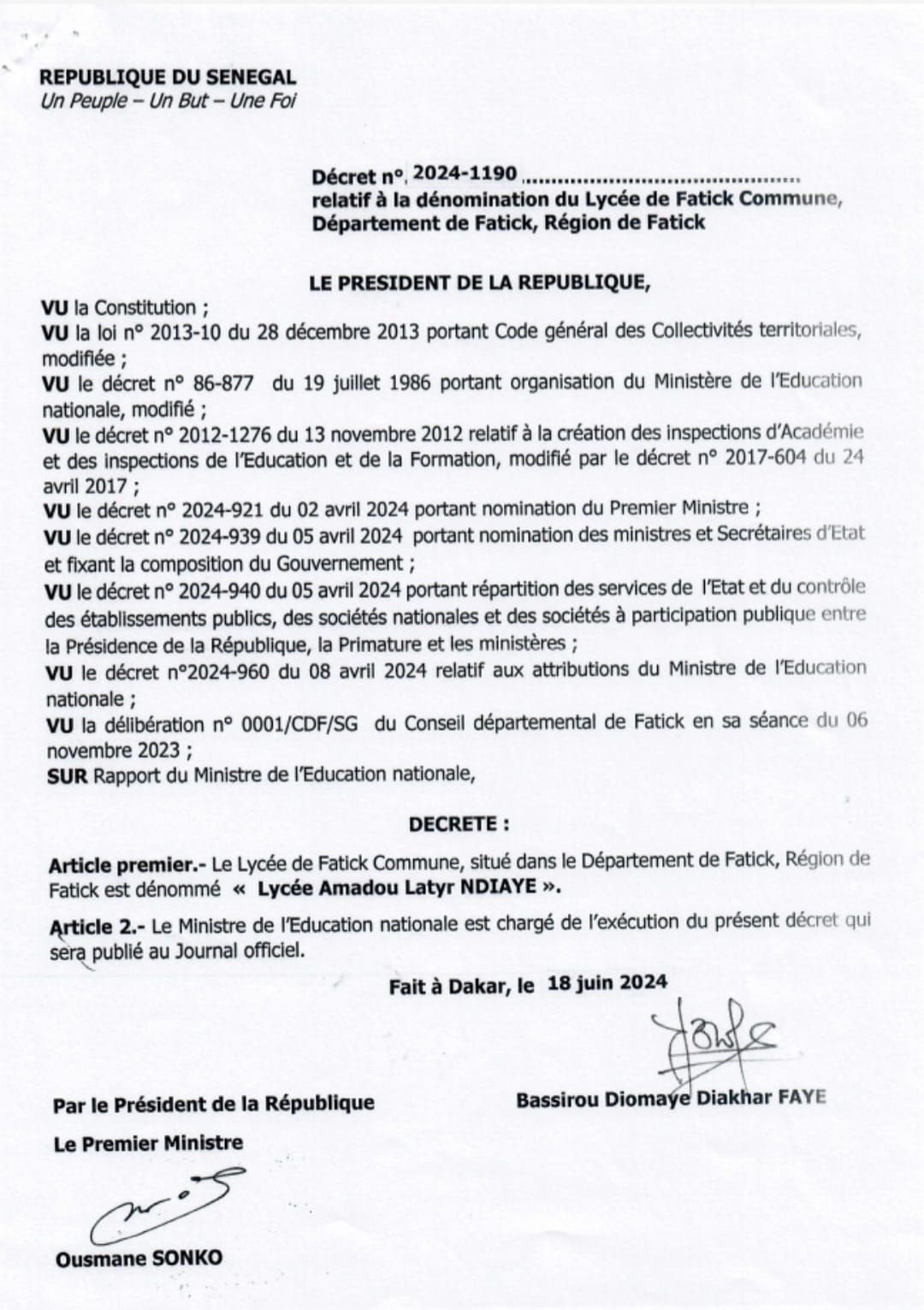 L'ancien gouverneur feu Amadou Latyr Ndiaye immortalisé : Le lycée de Fatick porte désormais son nom