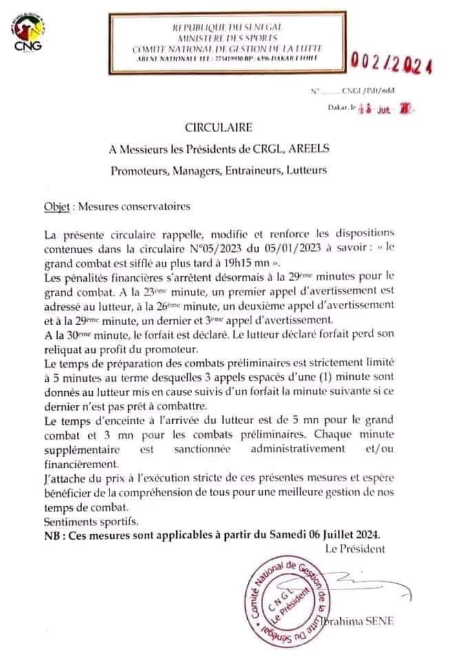 Lutte : Nouvelle circulaire délimitant les heures de combats et les sanctions prévues en cas de non-respect