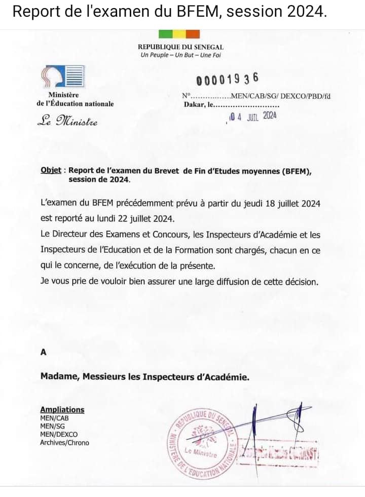 Report de l'examen du Brevet de Fin d'Etudes moyennes (BFEM), session de 2024