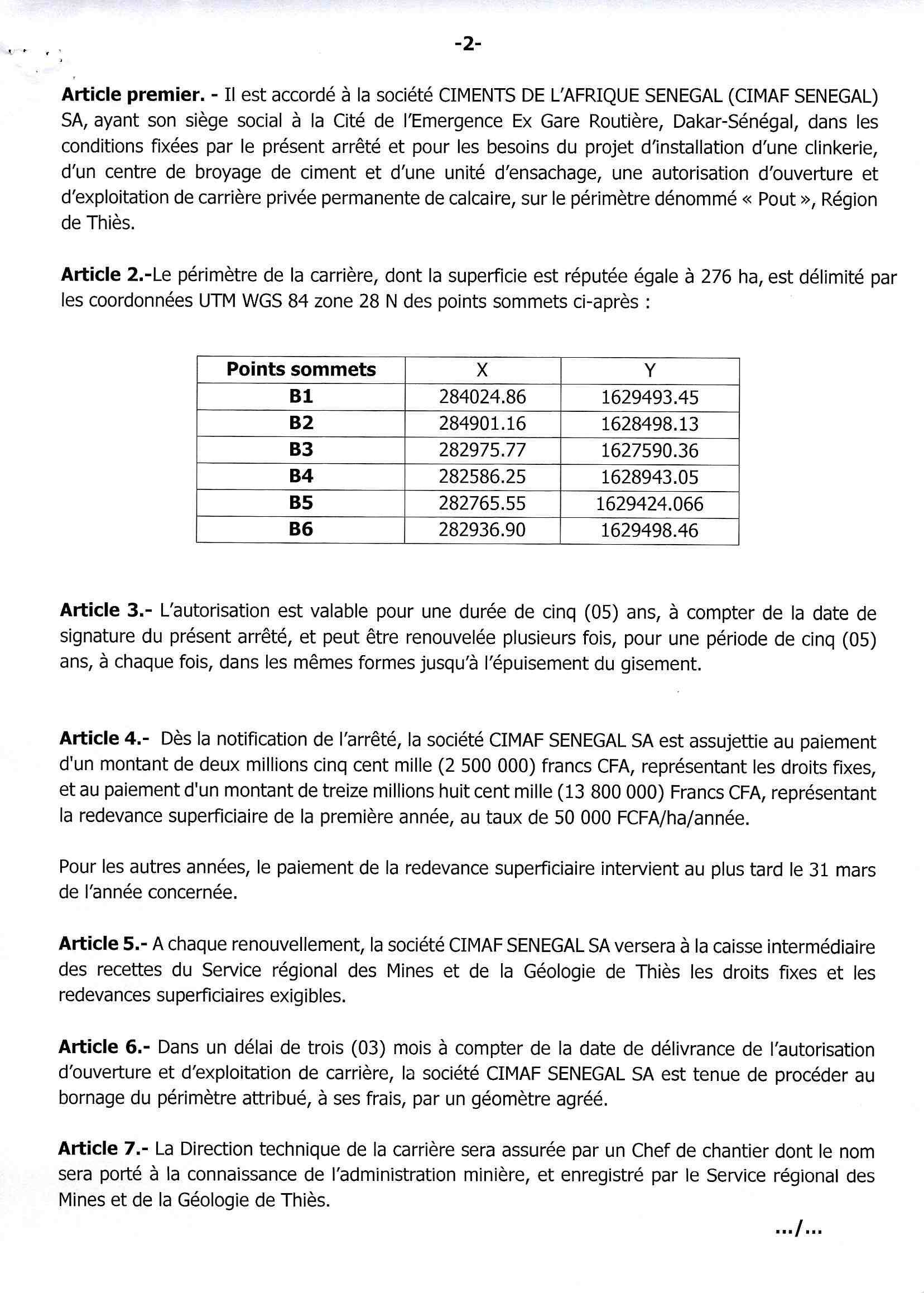 La société Ciments de l’Afrique Sénégal à Pout : Ce que fixe l’arrêté-005494 portant sur son autorisation, ouverture et exploitation