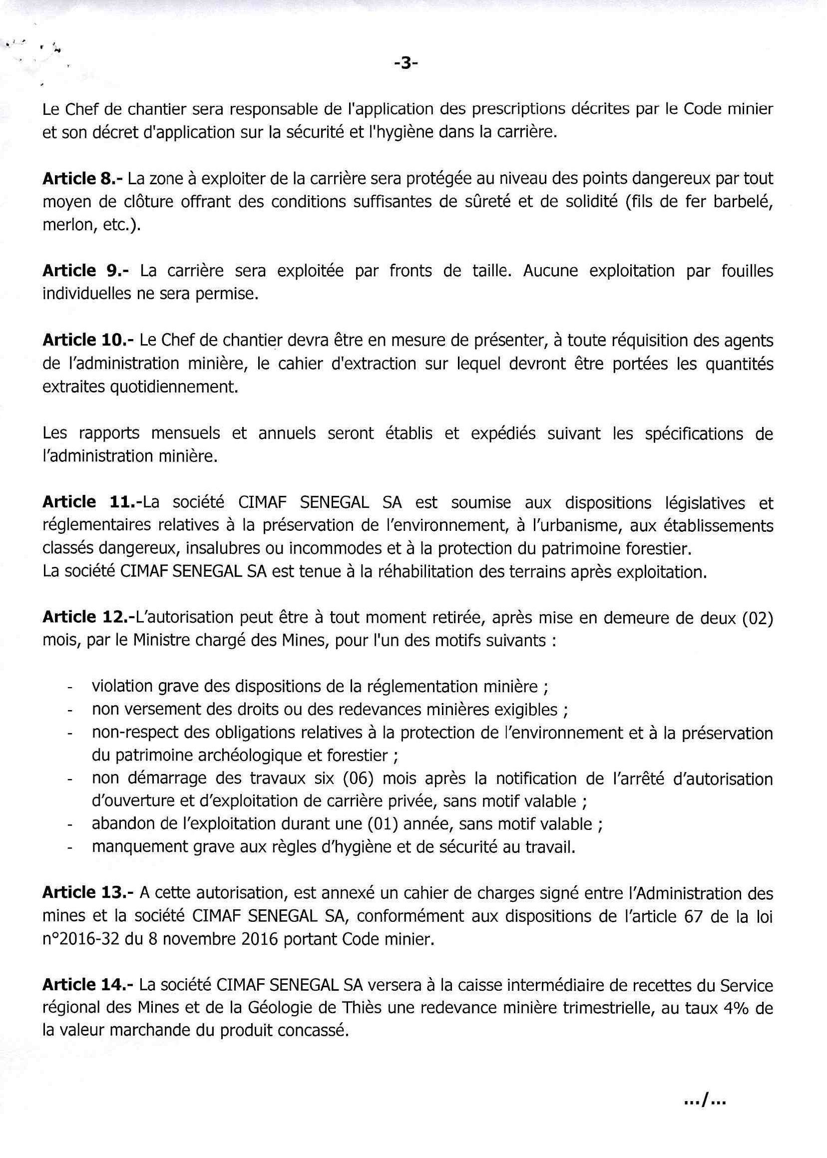 La société Ciments de l’Afrique Sénégal à Pout : Ce que fixe l’arrêté-005494 portant sur son autorisation, ouverture et exploitation