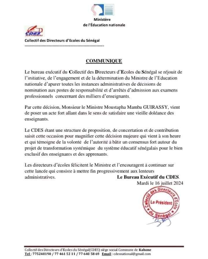 Apurement des instances administratives et des décisions de nomination : Les Directeurs d’écoles félicitent le Ministre Moustapha Guirassy