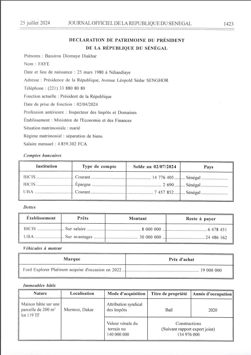 Bassirou Diomaye Faye remet sa déclaration de patrimoine au Conseil Constitutionnel : Les détails
