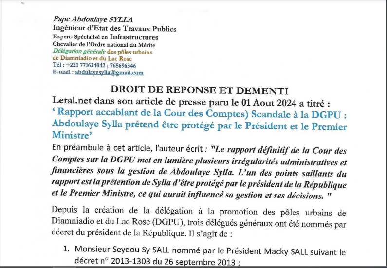 Suite à l’article de Leral.net, « Rapport accablant de la Cour des comptes ou scandale à la DGPU » : Abdoulaye Sylla dément et précise…