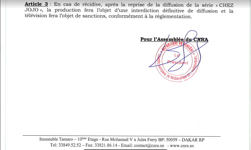 CNRA : Décision portant suspension de la diffusion de la série « Chez JOJO »