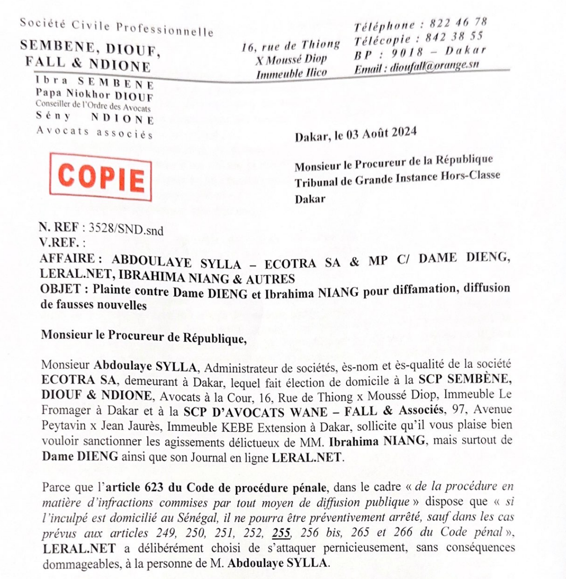 Leral a recu la copie de la plainte via des organes de presse de Abdoulaye SYLLA