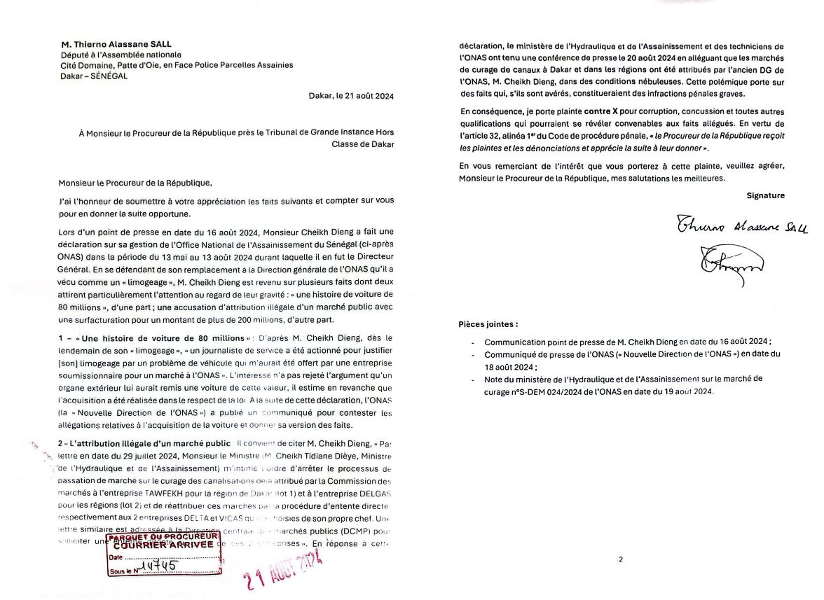 Promesse d'une plainte contre X dans l’affaire « ONAS » : Thierno Alassane Sall  joint l’acte à la parole