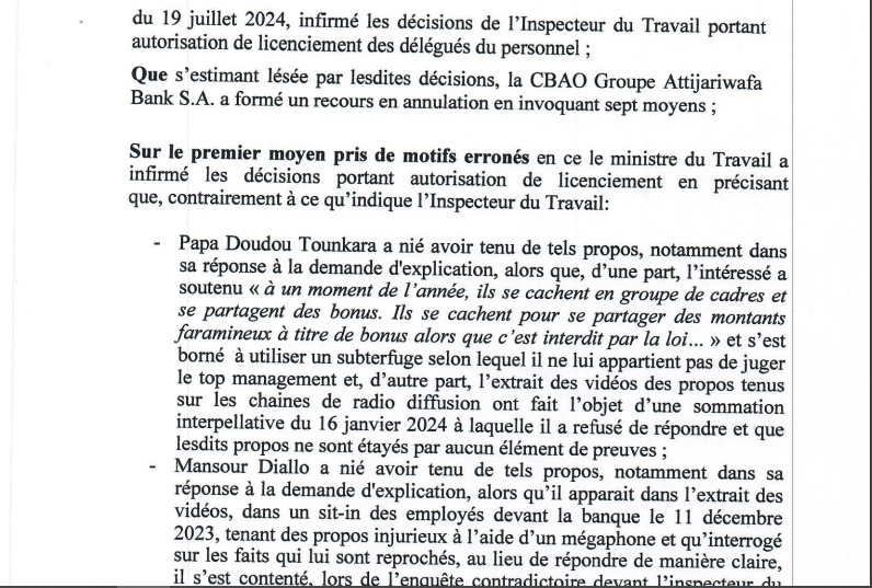 Demande de Réintégration des délégués licenciés de la Cbao Attijariwafa banq SA: La Cour suprême vient de casser la décision du ministre