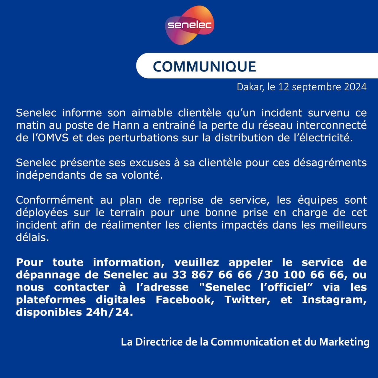 Perturbations dans la distribution de l’électricité : La Sénélec informe son aimable clientèle, d’un incident sur le réseau interconnecté de l’OMVS