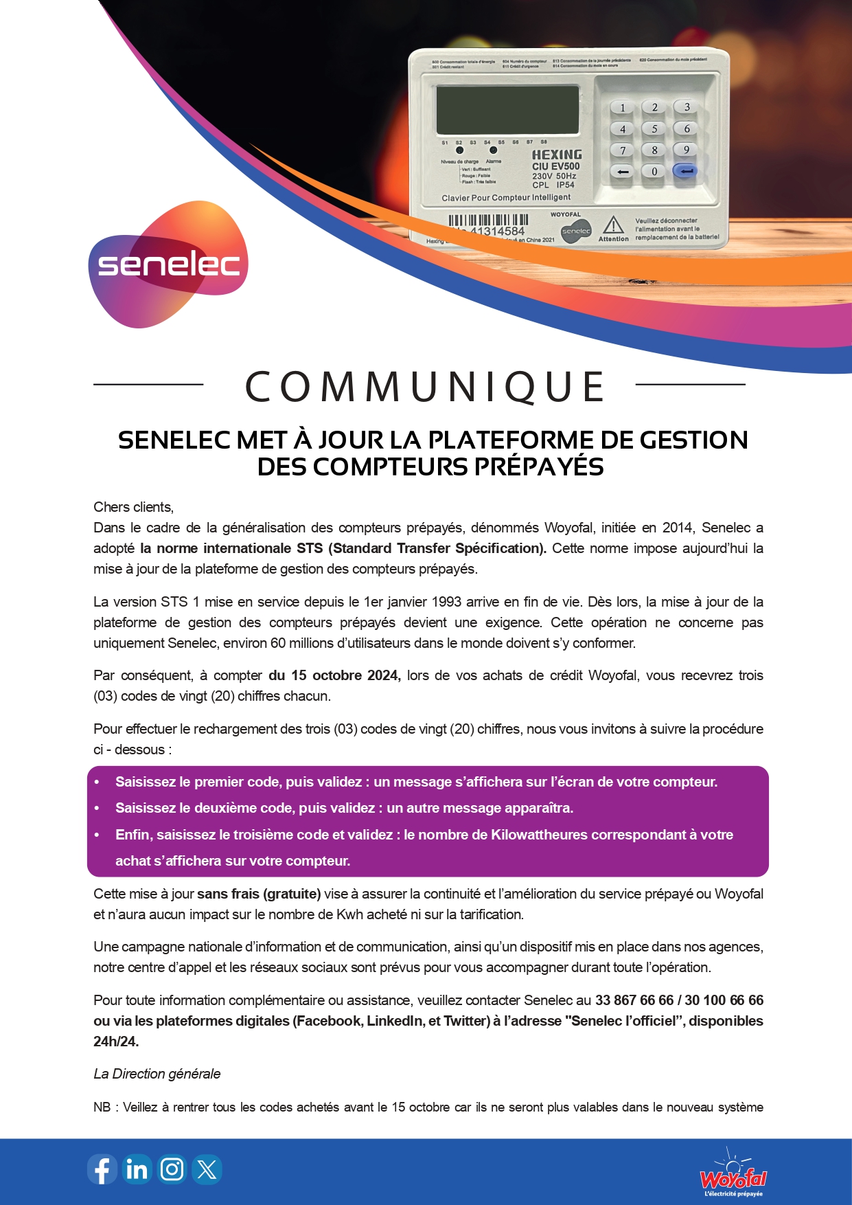 La Sénélec met à jour la plateforme de gestion des compteurs prépayés