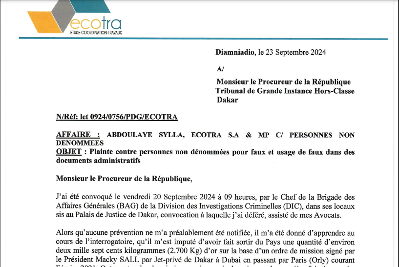 Accusé d’avoir convoyé de l’or par jet privé vers l’extérieur du pays : Après sa convocation à la Dic, Abdoulaye Sylla, DG d'Ecotra, porte plainte, pour faux et usage de faux…