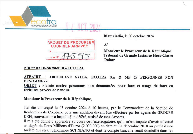 Accusé d’avoir déposé plus de 2 millions d’Euros au profit d’une société privée : Abdoulaye Sylla Ecotra porte plainte contre X, pour faux et usage de faux en écritures privées de banque