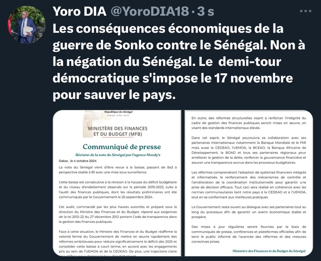 Baisse de la note du Sénégal : Dr Yoro Dia, ancien Ministre indexe les conséquences économiques de la guerre de Sonko contre le Sénégal