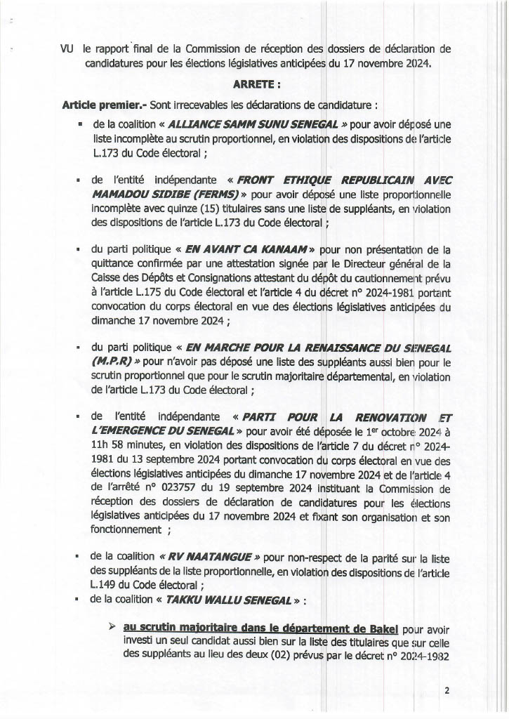 Législatives de Novembre 2024 : L’arrêté ministériel qui dresse la liste validée ou invalidée des participants