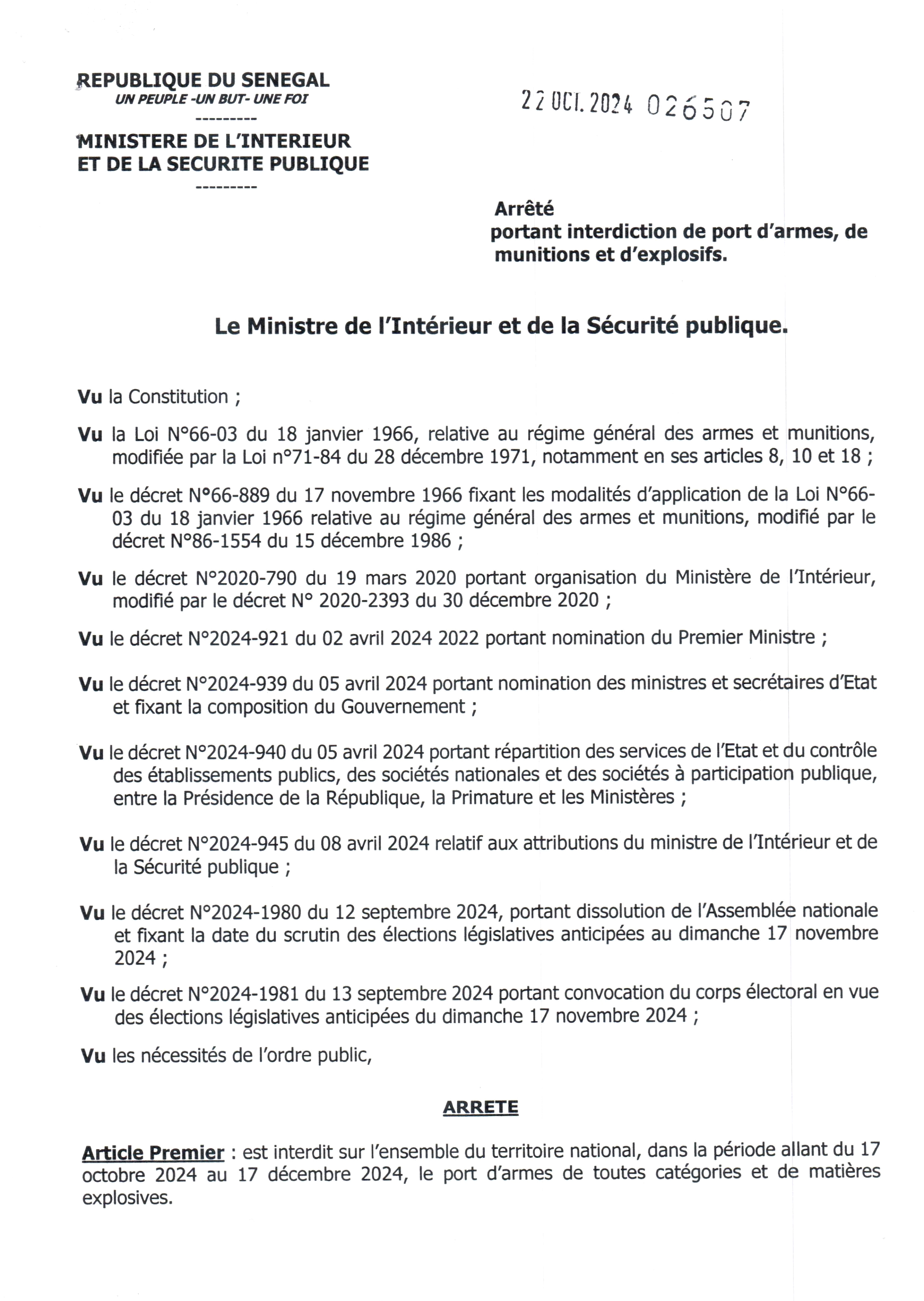 Arrêté ministériel: Suspension du port d'armes et de munitions pour assurer l'ordre public, du 17 octobre au 17 décembre 2024