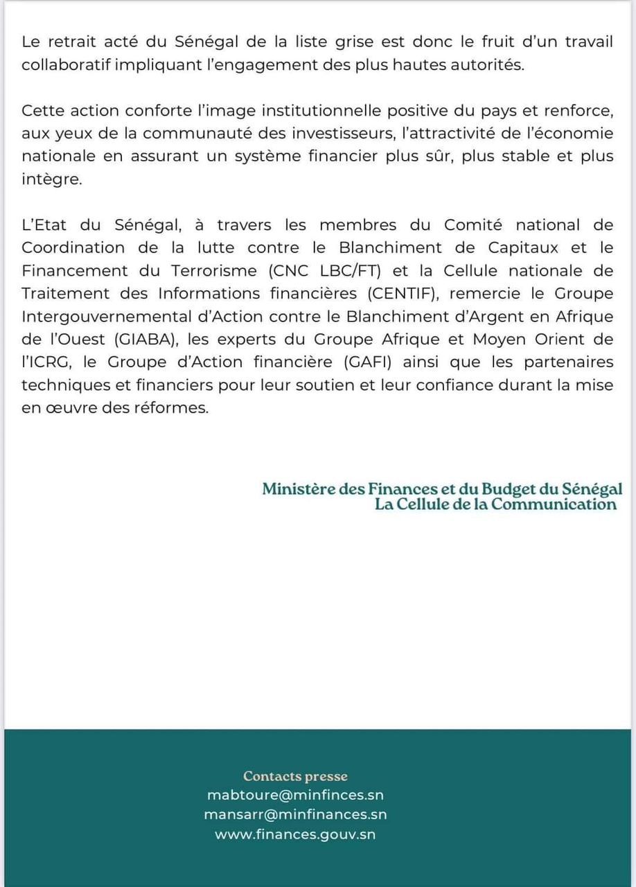 Le Sénégal officiellement retiré de la liste grise du GAFI