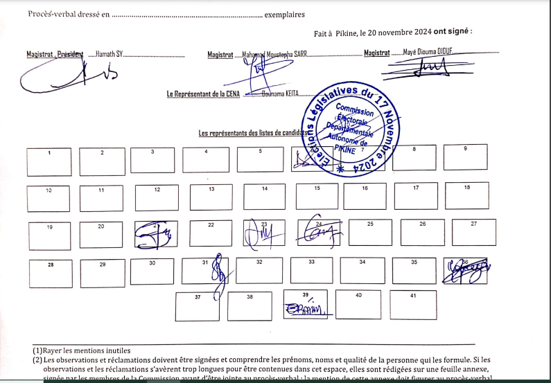 Département de Pikine : Le procès-verbal des opérations électorales